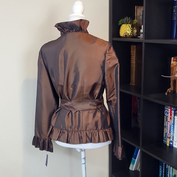 VINTAGE METAPHOR Brown Poly/Nylon Acetate Wrap V-neck Ruffle Blouse - Picture 5 of 16